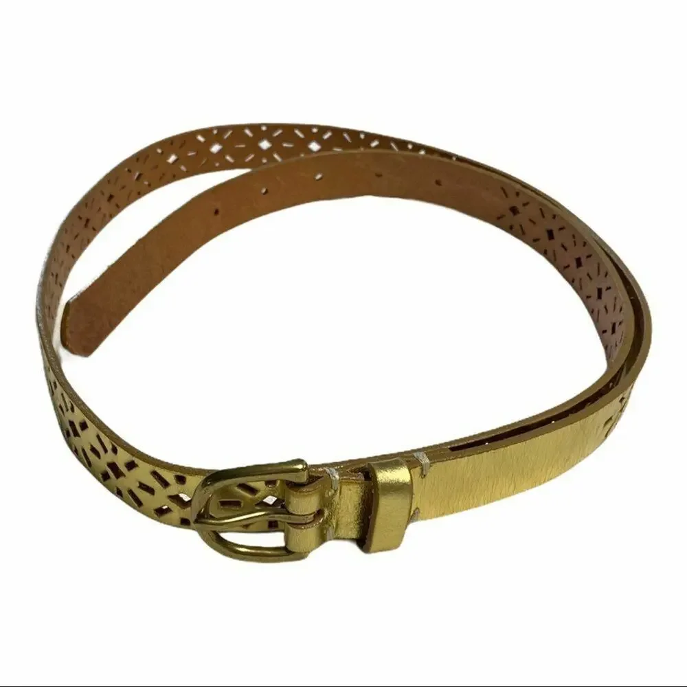 J.Crew Gold Perforated Leather Belt Size Large Boho Geometric Chic